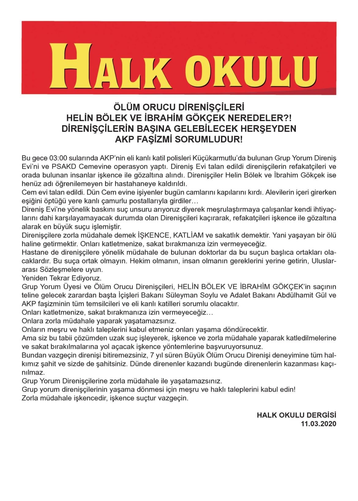 Halk Okulu Dergisinden Direnişçilere İlişkin Açıklama - Image 1