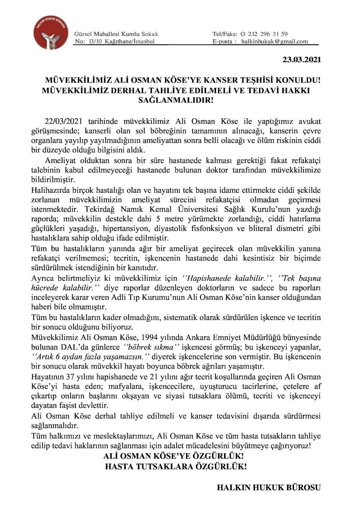 Halkın Hukuk Bürosu: Ali Osman Köse Derhal Tahliye Edilmeli - Image 1