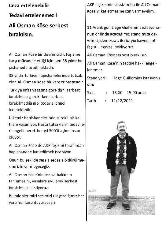 Belçika Halk Cephesi’nden Ali Osman Köse’ye Özgürlük Eylemine Çağrı - Image 2 Belçika Halk Cephesi’nden Ali Osman Köse’ye Özgürlük Eylemine Çağrı - Image 2