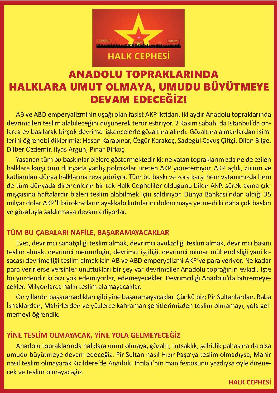 Halk Cephesi Açıklama: Anadolu Topraklarında Halklara Umut Olmaya, Umudu Büyütmeye Devam Edeceğiz - Image 1