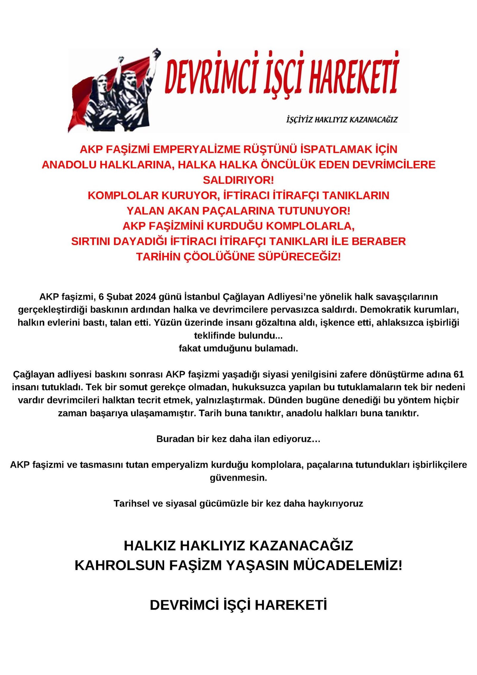 Devrimci İşçi Hareketi Açıklaması: AKP Faşizmi Emperyalizme Rüştünü İspatlamak İçin Anadolu Halklarına, Halka Halka Öncülük Eden Devrimcilere Saldırıyor! - Image 1
