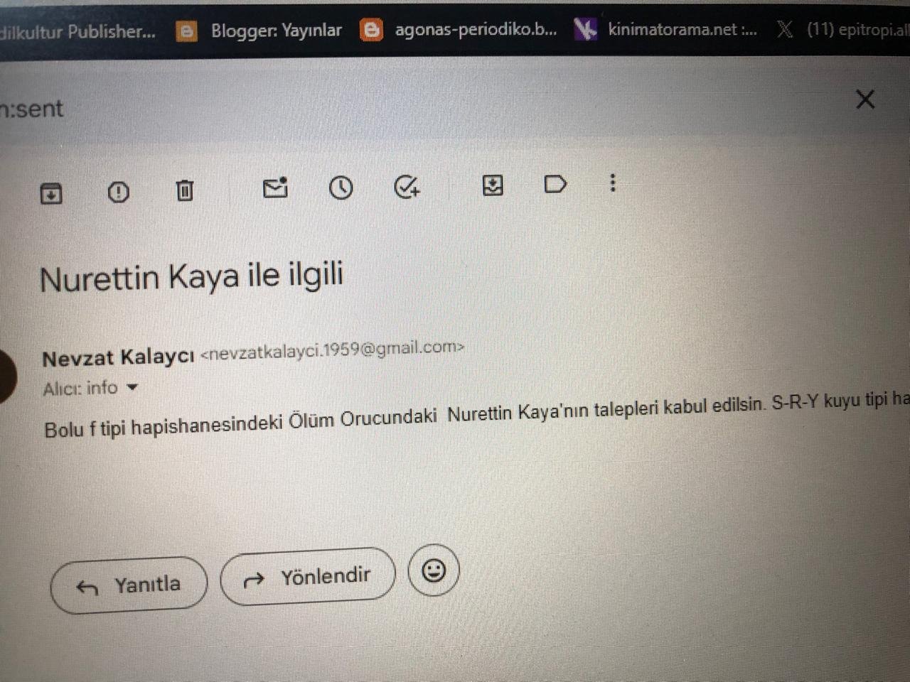 Yunanistan Halk Cephesi S,R,Y Tipi Hapishanelere Karşı Ölüm Orucunda Olan Nurettin Kaya İçin Adalet Bakanlığı’na Mail Attı - Image 1