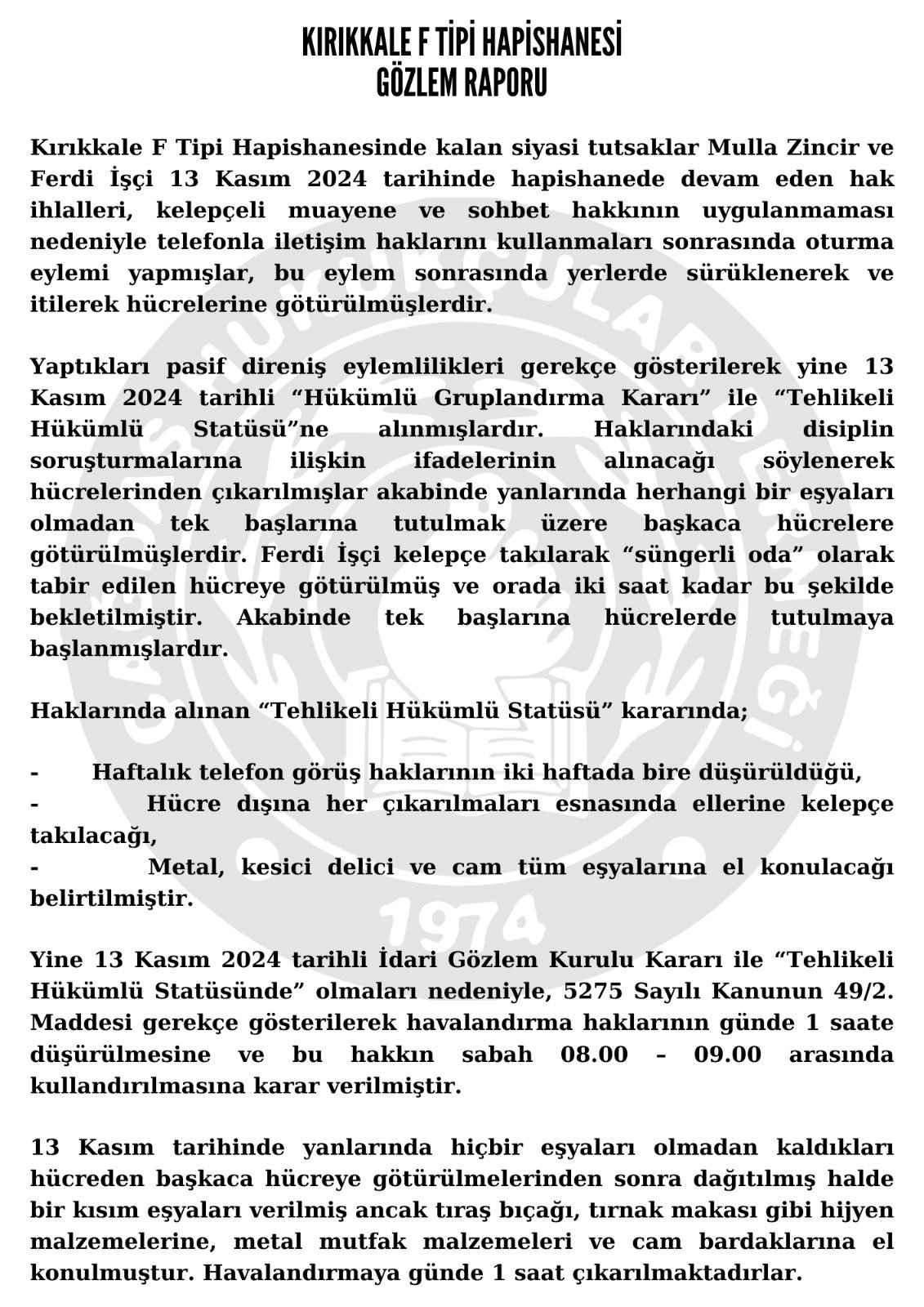 Çağdaş Hukukçular Derneği Ankara Şubesinin Hapishane Komisyonunun Kırıkkale F Tipi Hapishanesine İlişkin Raporunu Paylaşıyoruz - Image 1