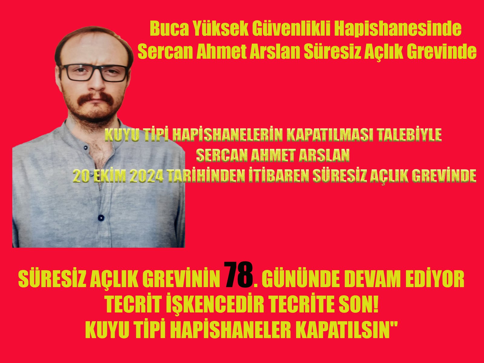 Buca Yüksek Güvenlikli Hapishanesinde Sercan Ahmet Arslan Süresiz Açlık Grevinde - Image 1