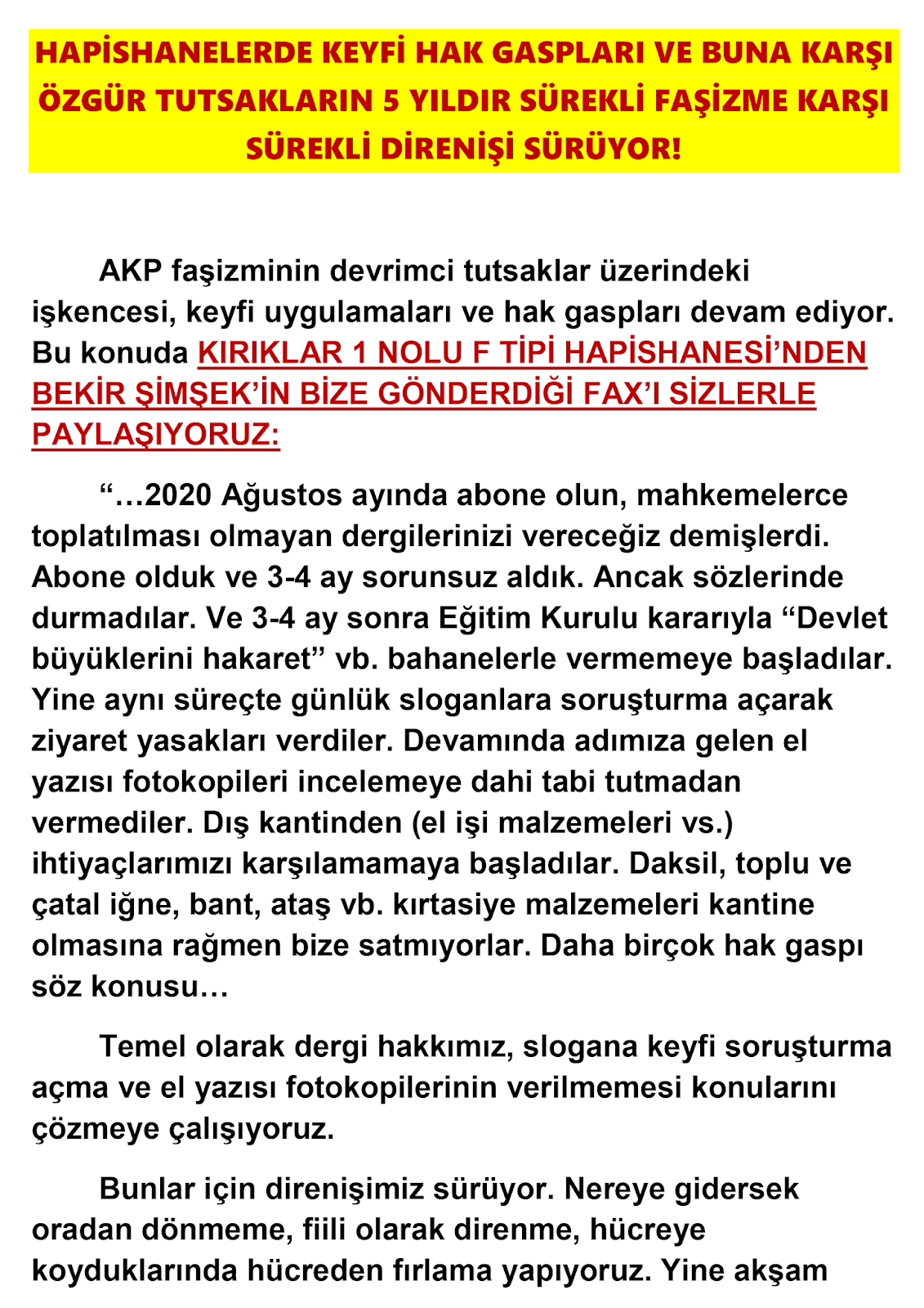 Kırıklar Hapishanesi’nde Hak Gaspları Ve Özgür Tutsakların Sürekli Faşizme Karşı Sürekli Direnişi Sürüyor - Image 3 Kırıklar Hapishanesi’nde Hak Gaspları Ve Özgür Tutsakların Sürekli Faşizme Karşı Sürekli Direnişi Sürüyor - Image 3