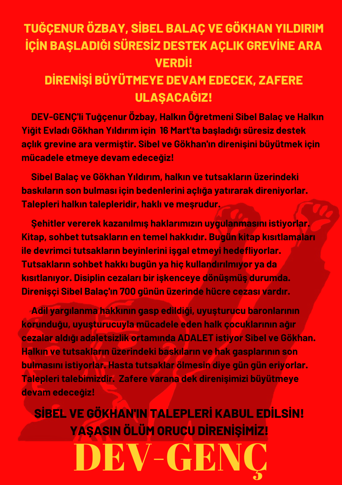 Dev-Genç: Tuğçenur Özbay Ölüm Orucu Direnişçileri İçin Başladığı Süresiz Destek Açlık Grevine Ara Verdi - Image 1