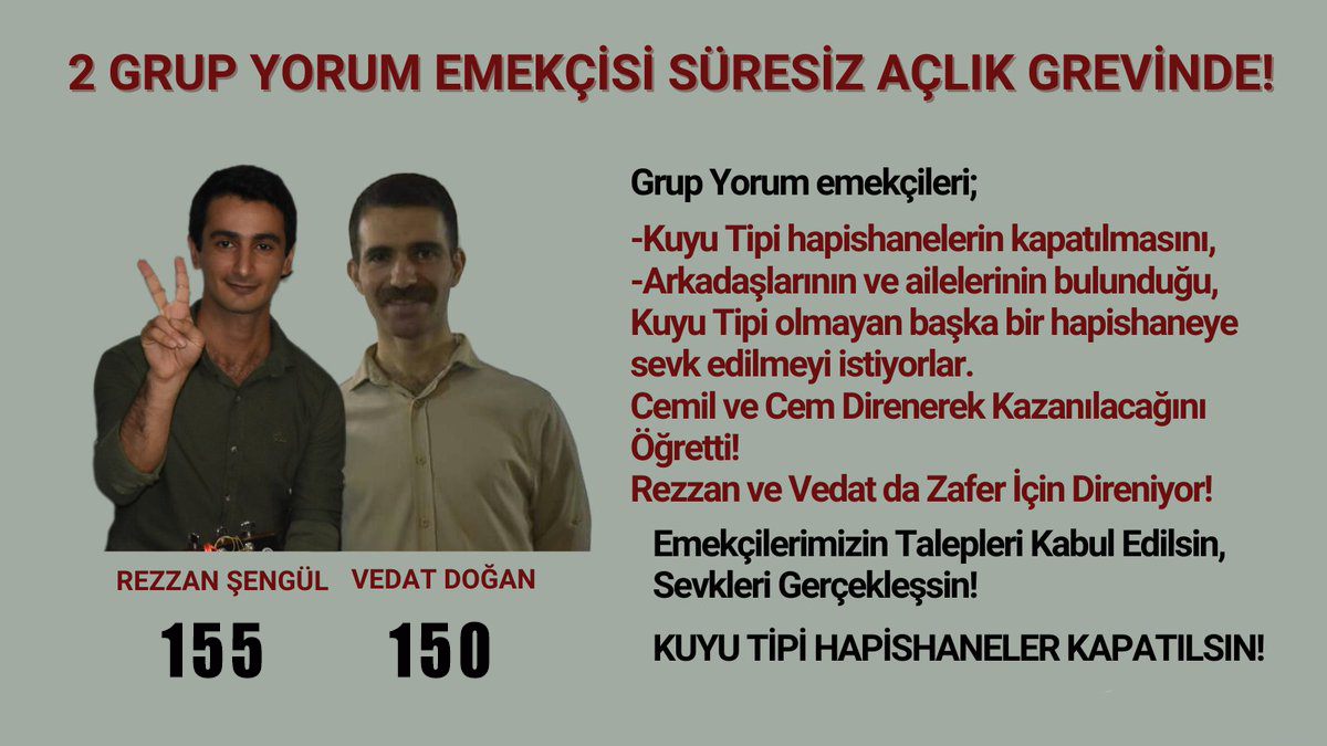 Grup Yorum Üyeleri Rezzan Şengül 155 Vedat Doğan 150 Gündür Kuyu Tipi Hapishanelere Karşı Süresiz Açlık Grevinde - Image 1